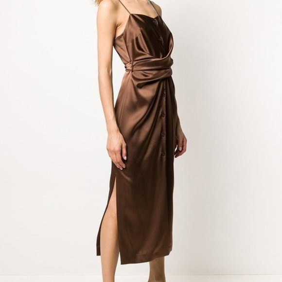 NWT Nanushka Dress Sayan Satin Spaghetti Strap Belted Wrap Tie Midi Slip Brown L - Picture 2 of 11